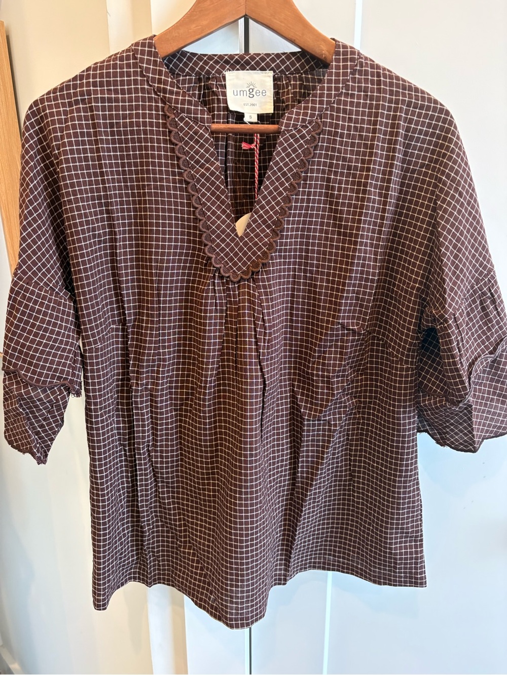Umgee Brown Checked Scalloped V-Neck Tunic
